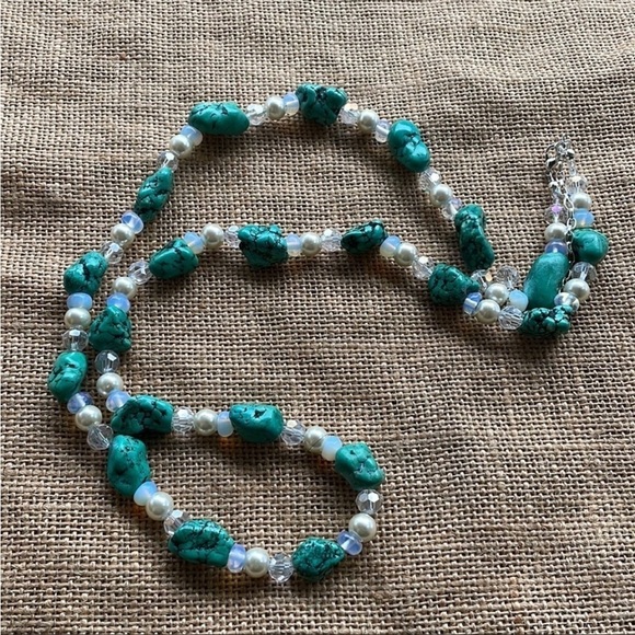 Turquoise Necklace adjustable Glass Pearl Beads & Opal New Handmade New - Picture 7 of 11